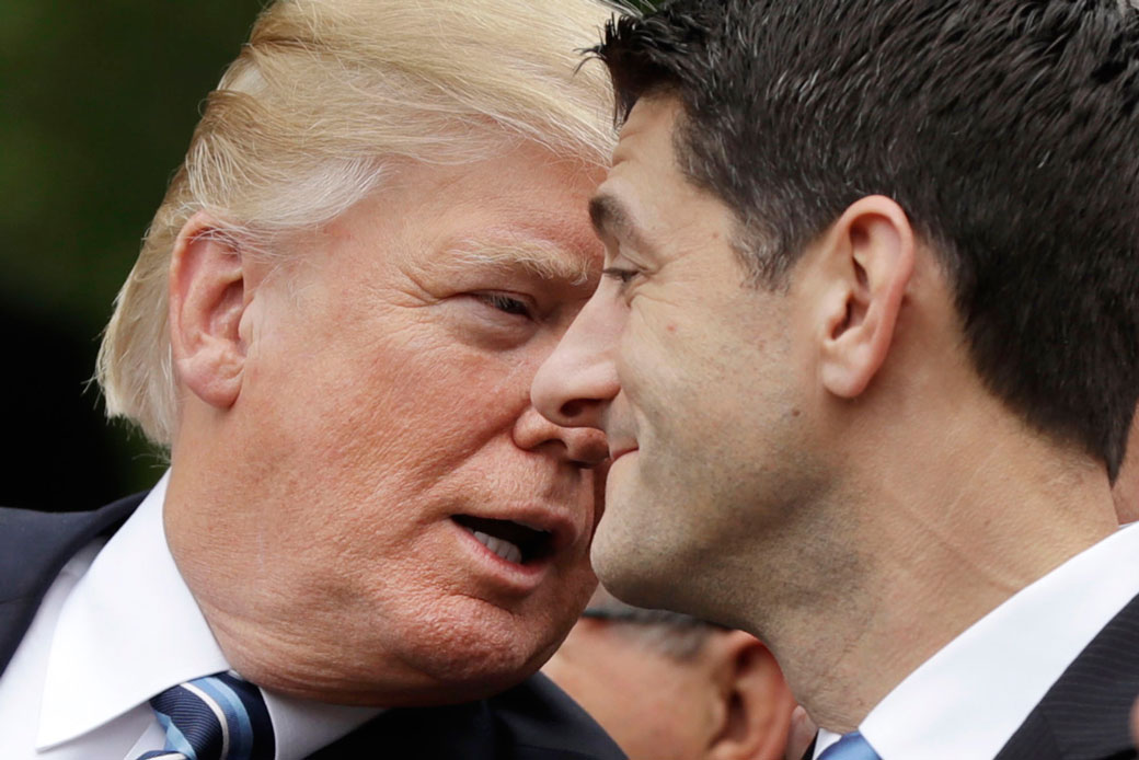 President Donald Trump talks with House Speaker Paul Ryan (R-WI) in the Rose Garden of the White House, May 4, 2017. (AP Photo/Evan Vucci)