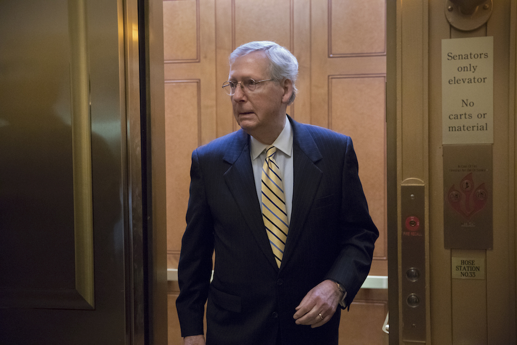 Senate Majority Leader Mitch McConnell (R-KY) heads to a meeting with Treasury Secretary Steven Mnuchin to discuss a tax code overhaul, September 12, 2017. (AP/J. Scott Applewhite)