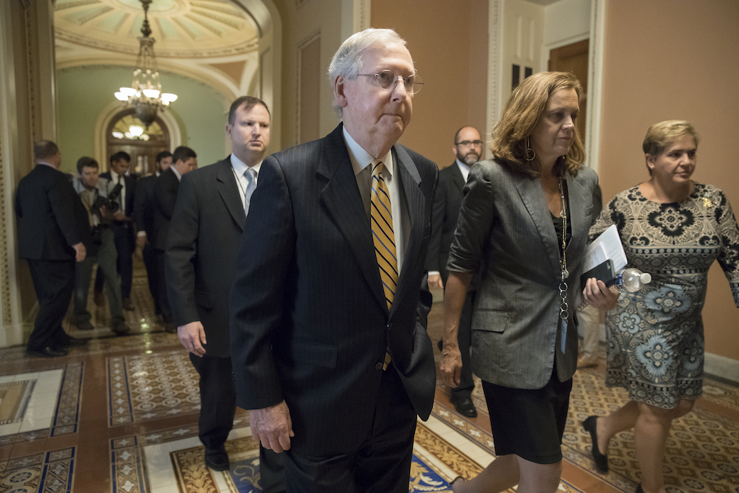 Senate Majority Leader Mitch McConnell (R-KY) heads to a meeting to discuss a tax code overhaul on September 12, 2017. (AP/J. Scott Applewhite)