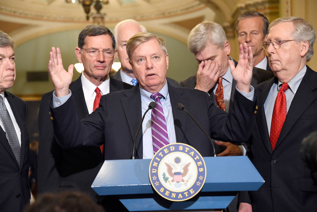 Sen. Lindsey Graham (R-SC) speaks to reporters outside the U.S. Senate chamber in Washington, September 19, 2017. (AP/MediaPunch/Ron Sachs)