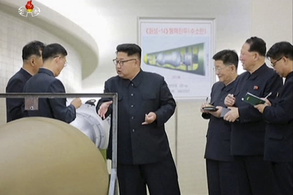 In this image made from video by North Korea's KRT released on Sunday, Sept. 3, 2017, shows North Korean leader Kim Jong Un at an undisclosed location. North Korea’s state media on Sunday, Sept 3, 2017, said leader Kim Jong Un inspected the loading of a hydrogen bomb into a new intercontinental ballistic missile, a claim to technological mastery that some outside experts will doubt but that will raise already high worries on the Korean Peninsula. Independent journalists were not given access to cover the event depicted in this image distributed by the North Korean government. The content of this image is as provided and cannot be independently verified.  (KRT via AP Video)