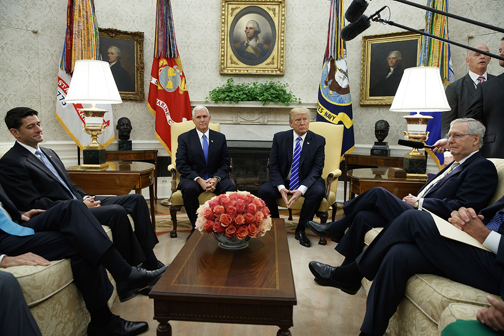 President Donald Trump pauses during a meeting with congressional leaders in the Oval Office of the White House, September 6, 2017, in Washington. From left: Speaker of the House Paul Ryan (R-WI), Vice President Mike Pence, Trump, and Senate Majority Leader Mitch McConnell (R-KY). (AP/Evan Vucci)