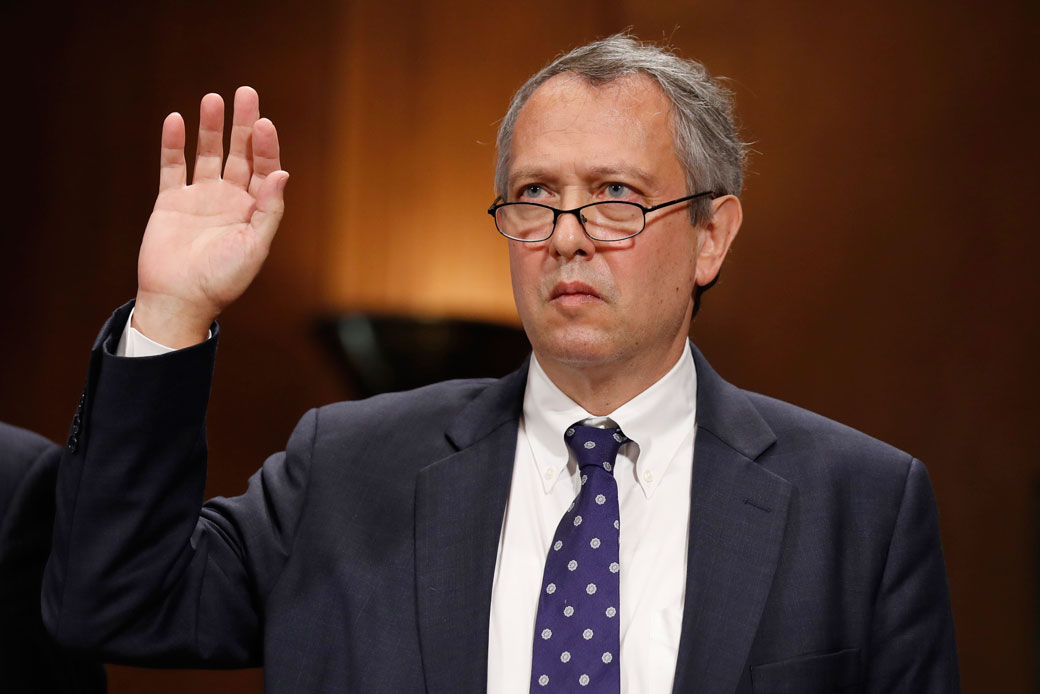 Thomas Farr is sworn in during a Senate Judiciary Committee hearing on his district court nomination in Washington, September 20, 2017. (AP/Alex Brandon)