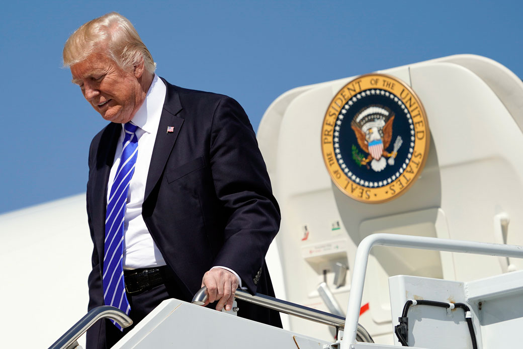 President Donald Trump arrives at Bismarck Municipal Airport in Bismarck, North Dakota, September 6, 2017. (AP/Pablo Martinez Monsivais)