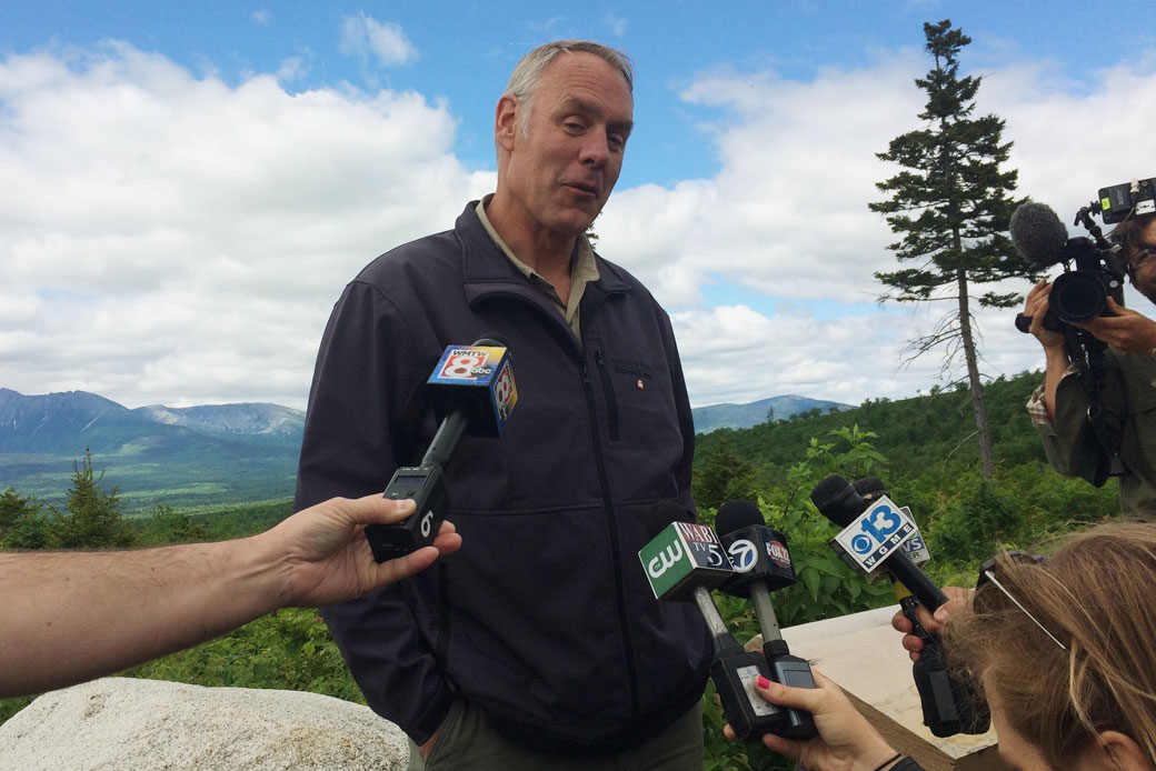Interior Secretary Ryan Zinke talks with reporters at the Katahdin Woods And Waters National Monument near Staceyville, Maine, June 14, 2017. (AP/Patrick Whittle)