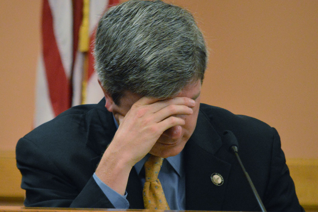 Kansas Senate Vice President Jeff King (R-Independence) follows the discussion of various bills during a meeting of GOP senators in June 2015. (AP/Nicholas Clayton)