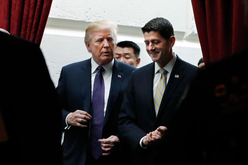 President Donald Trump walks with House Speaker Paul Ryan, November 2017. (AP/Jacquelyn Martin)