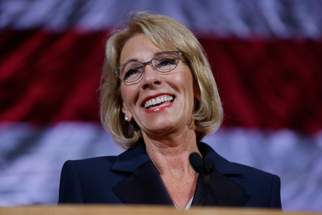 In this October 13, 2017, photo, U.S. Education Secretary Betsy DeVos speaks during a dinner hosted by the Washington Policy Center in Bellevue, Washington. (AP/Ted S. Warren)