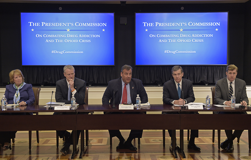 New Jersey Gov. Chris Christie (R), center, chairman of the President's Commission on Combating Drug Addiction and the Opioid Crisis, speaks at the beginning of the first meeting of the commission, June 16, 2017, in the Eisenhower Executive Office Building at the White House complex in Washington. From left are Dr. Bertha K. Madras, a Harvard Medical School professor who specializes in addiction biology; Massachusetts Gov. Charlie Baker (R); Christie; North Carolina Gov. Roy Cooper (D); and former Rhode Island Rep. Patrick Kennedy (D). (AP/Susan Walsh)