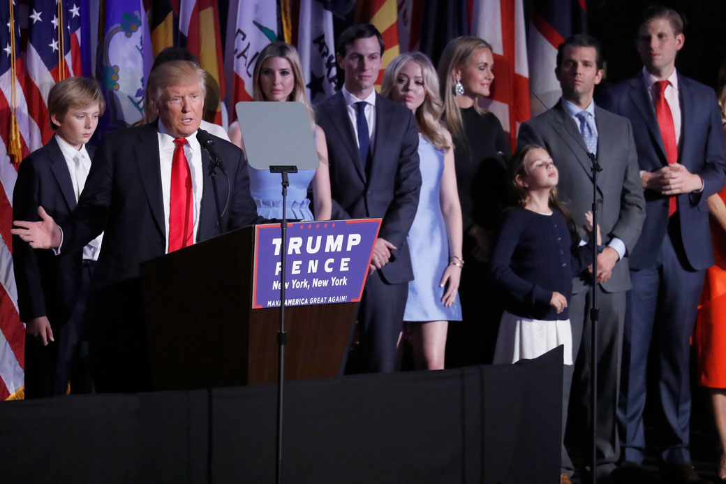 Then-President-elect Donald Trump is seen with his children during an election night rally, November 9, 2016. (AP/Mary Altaffar)