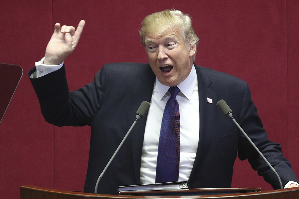 U.S. President Donald Trump delivers a speech at the National Assembly in Seoul, South Korea, November 2017. (AP/Lee Jin-man, Pool)