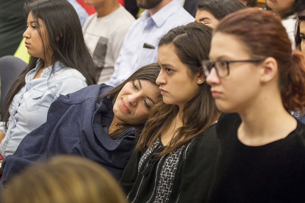 Students listen to a debate over a bill seeking to offer in-state tuition rates to unauthorized public college students, in Nashville, Tennessee, April 2017. (AP/Erik Schelzig)