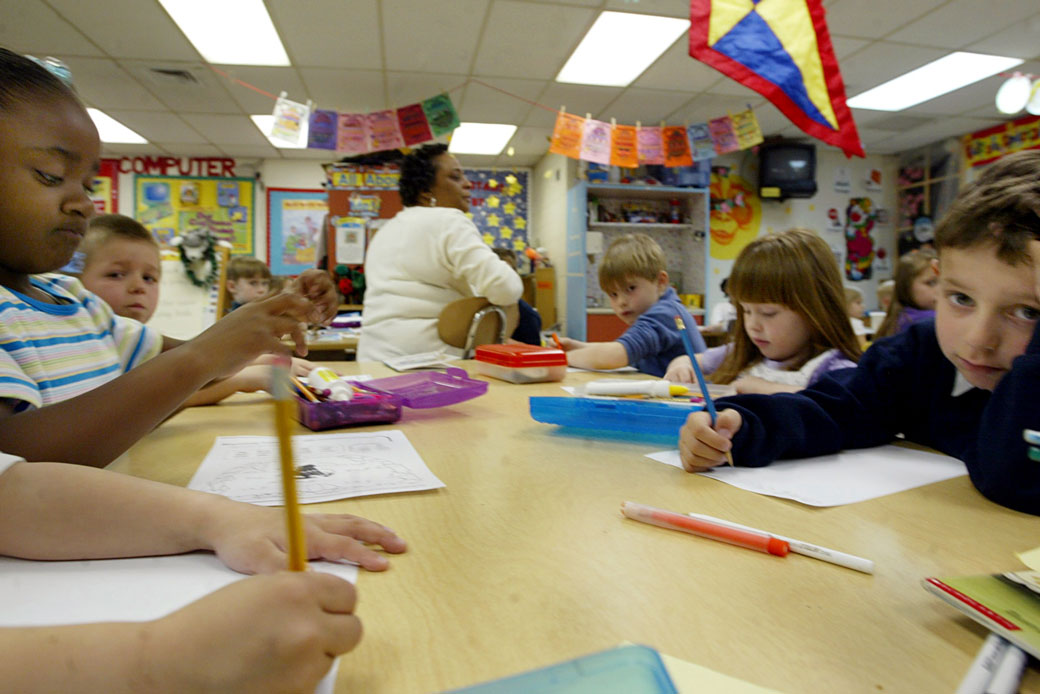 Kindergarten students in Farmville, Virginia, work on an assignment, April 2004. (AP/Lisa Billings)