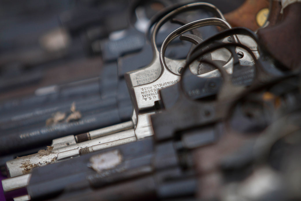 An assortment of handguns and other weapons used in felonies were seized by the Mexican Army, January 17, 2017. (Getty/AFP, Julio Cesar Aguilar)