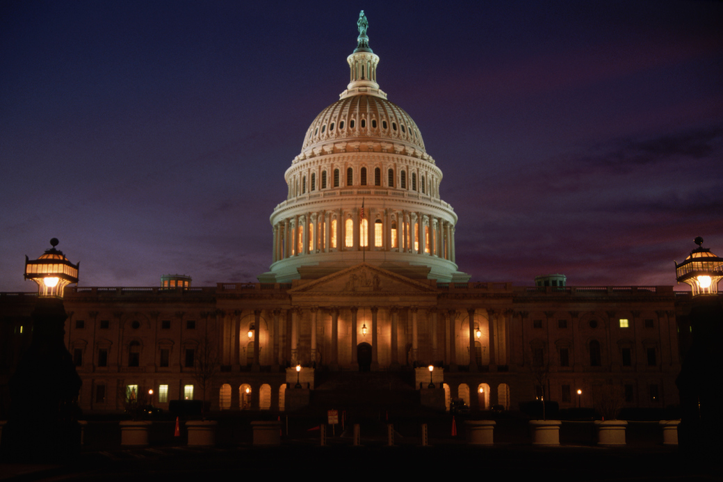 The U.S. Capitol lit up after sunset. (Richard Nowitz/Corbis Historical via Getty)