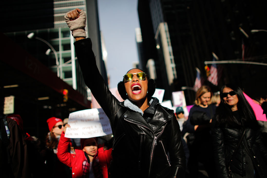 A woman shouts as she attends the Women's March in New York City, on January 20, 2018. (Kena Bentancur/Getty)