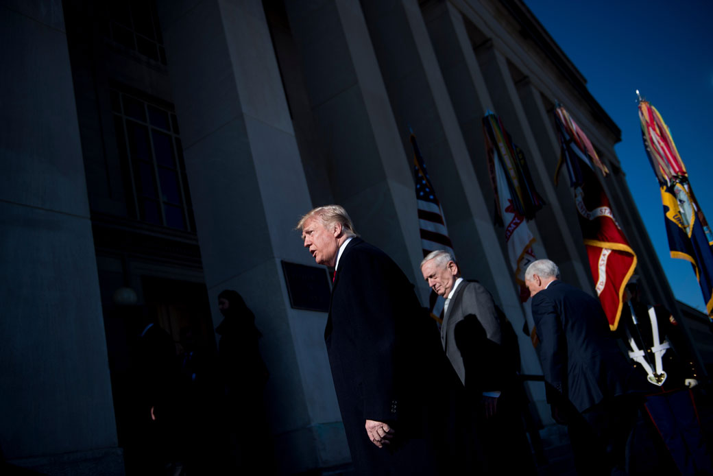 President Donald Trump, Defense Secretary Jim Mattis, and Vice President Mike Pence walk into the Pentagon for a meeting on January 18, 2018. (Getty/AFP/Brendan Smialowski)