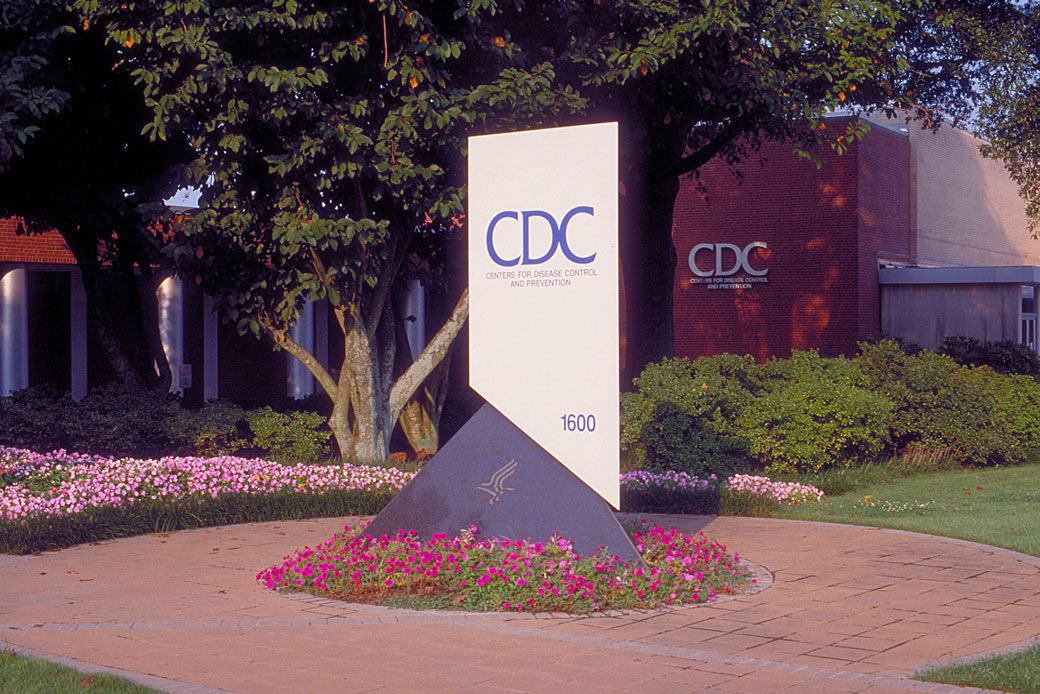 A pillar stands outside the former main entrance to the Centers for Disease Control and Prevention (CDC) at Roybal Campus in Atlanta, 2001. (Getty/Smith Collection/Gado)