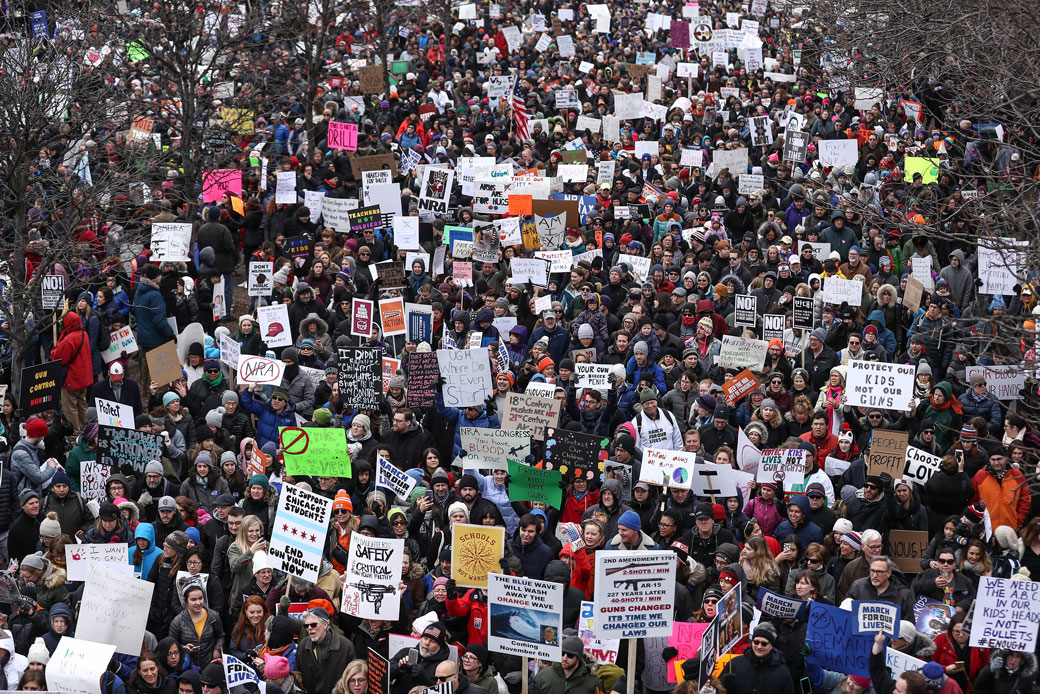 People march after gathering at Union Park to take part in the March For Our Lives protest against gun violence, Chicago, March 2018. (Getty/Bilgin S. Sasmaz)