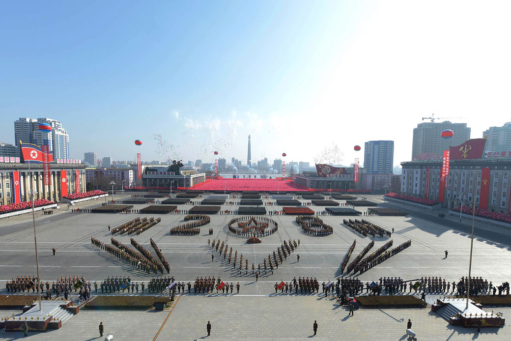 North Korea holds a military parade in Kim Il Sung Square to mark the 70th anniversary of the Korean People's Army, February 2018. (Getty/AFP/KCNA/KNS)