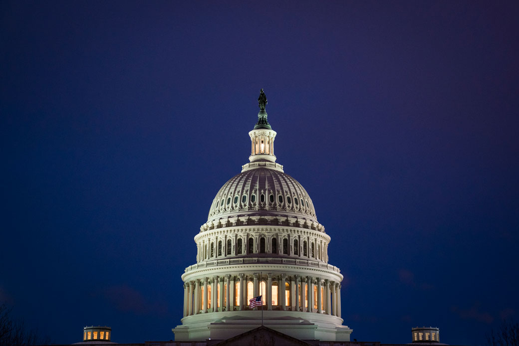 The U.S. Capitol Building dome is seen as the sun sets after a ppring snow fall, March 2018. (Getty/Jabin Botsford)