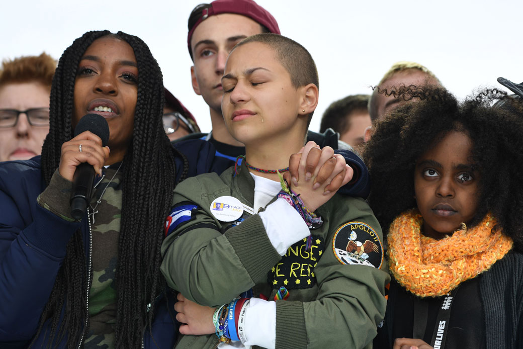 Marjory Stoneman Douglas High School student Emma Gonzalez stands with other students during the March for Our Lives rally in Washington, D.C., on March 24, 2018. (Getty/AFP/Jim Watson)