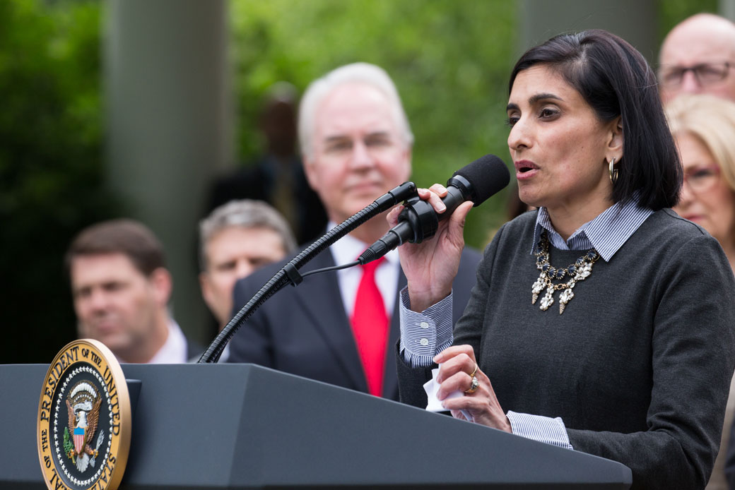 Seema Verma, current administrator of the Centers for Medicare and Medicaid Services, speaks in the Rose Garden of the White House for President Donald Trump's press conference on the passage of legislation to roll back the Affordable Care Act, May 4, 2017. (Getty/NurPhoto/Cheriss May)