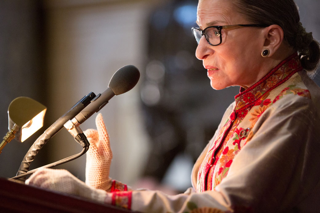 Justice Ruth Bader Ginsburg speaks at an annual Women's History Month reception hosted by Rep. Nancy Pelosi (D-CA) on Capitol Hill in Washington, D.C., March 2015. (Getty/Allison Shelley)