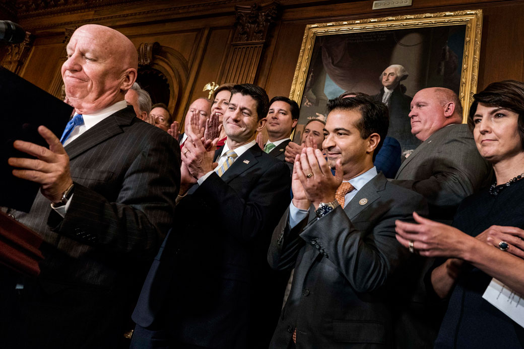 Speaker of the House Paul Ryan (R-WI) and other congressional majority leaders celebrate the passage of the House tax bill on Capitol Hill in Washington, D.C., November 16, 2017. (Getty/The Washington Post/Melina Mara)