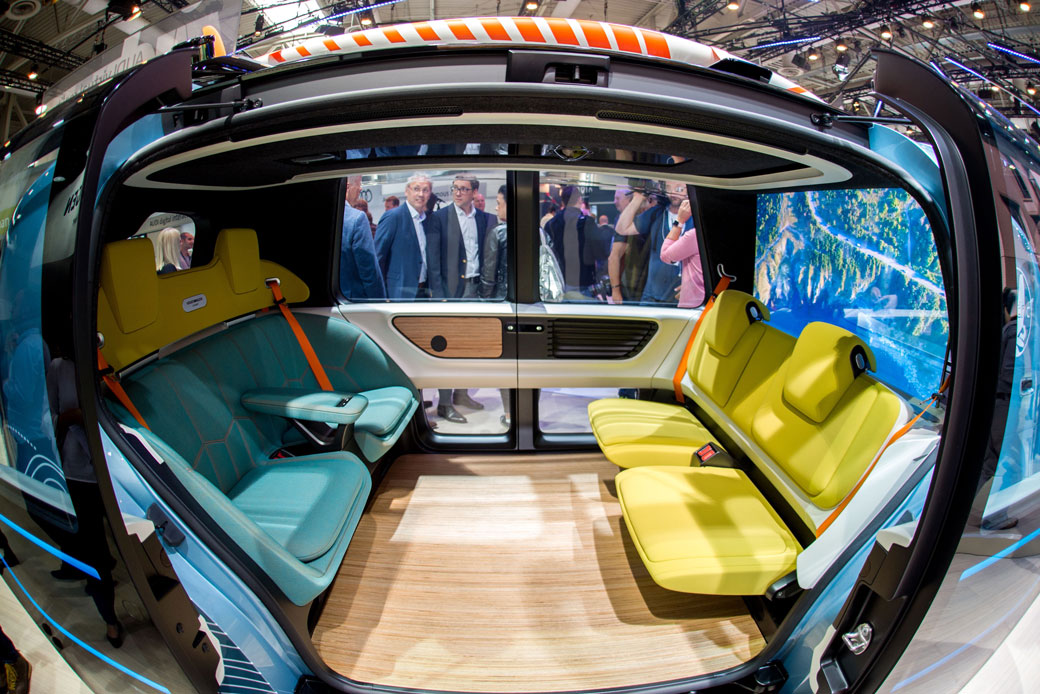 The autonomous vehicle Cedric is on display at the Volkswagen stand at the Cebit technology fair in Hanover, Germany, on June 11, 2018. (HAUKE-CHRISTIAN DITTRICH/AFP/Getty Images)