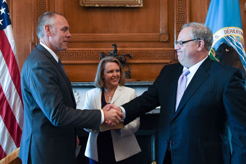 Interior Secretary Ryan Zinke swears in David Bernhardt as the deputy secretary of the Department of the Interior, August 1, 2017.