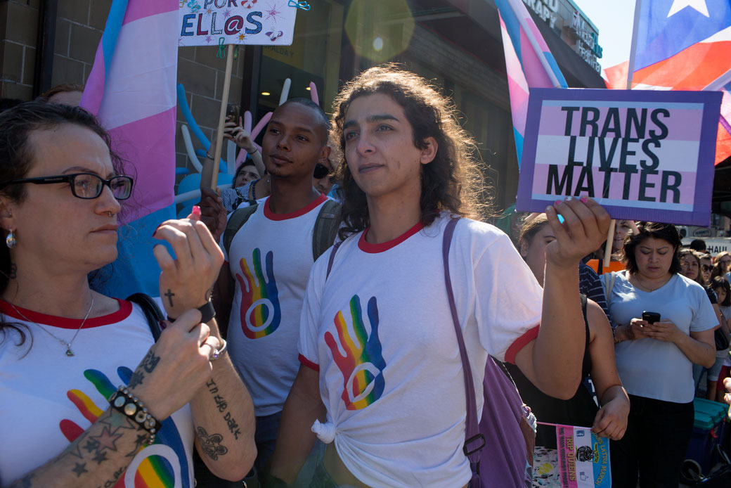 The Latinx transgender community marches through a heavily immigrant neighborhood to fight against discrimination on July 9, 2018, in Queens, New York. (Getty/Andrew Lichtenstein)