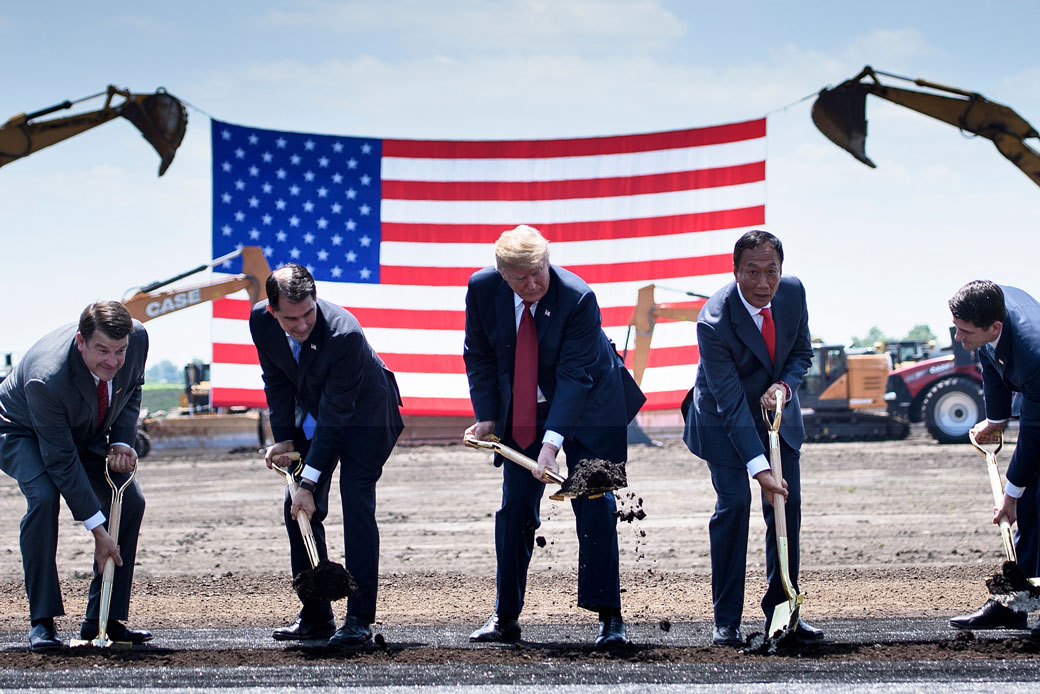 U.S. President Donald Trump participates in a groundbreaking ceremony for a Foxconn facility at the Wisconn Valley Science and Technology Park in Mount Pleasant, Wisconsin, on June 28, 2018. (Getty/AFP/Brendan Smialowski)