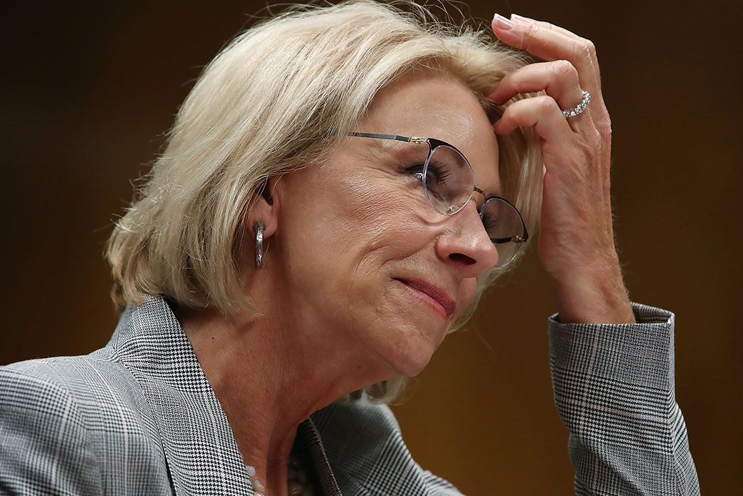 Education Secretary Betsy DeVos testifies during a Senate Appropriations subcommittee hearing on Capitol Hill, June 5, 2018, in Washington. (Getty/Mark Wilson)