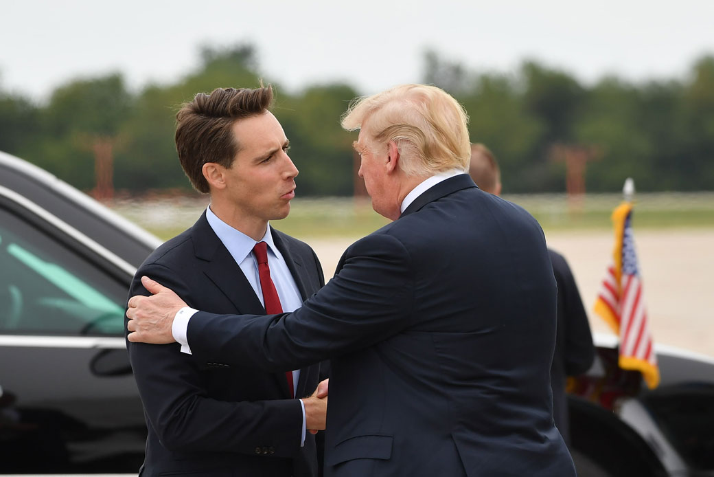 Missouri Attorney General Josh Hawley greets President Donald Trump at the Springfield-Branson National Airport in Springfield, Missouri, on September 21, 2018. (Getty/AFP/Mandel Ngan)
