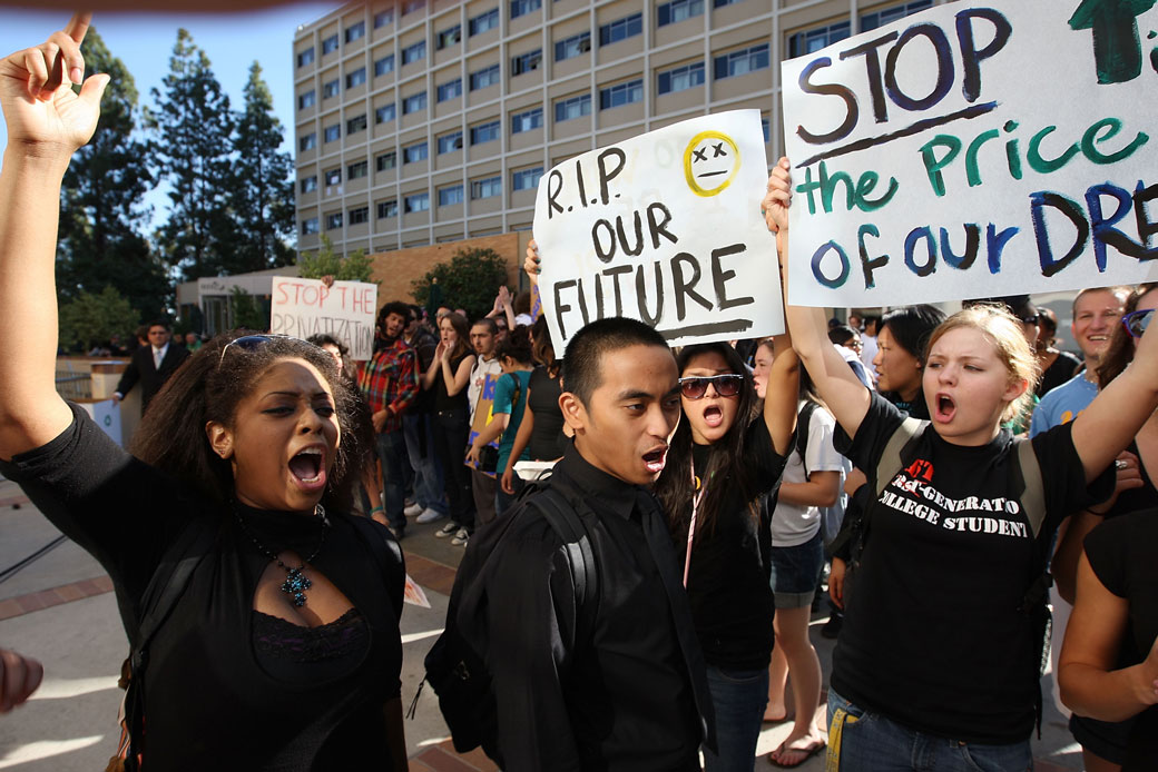 University of California, Los Angeles students and supporters protest a proposed 32 percent tuition hike, November 2009. (Getty/David McNew)