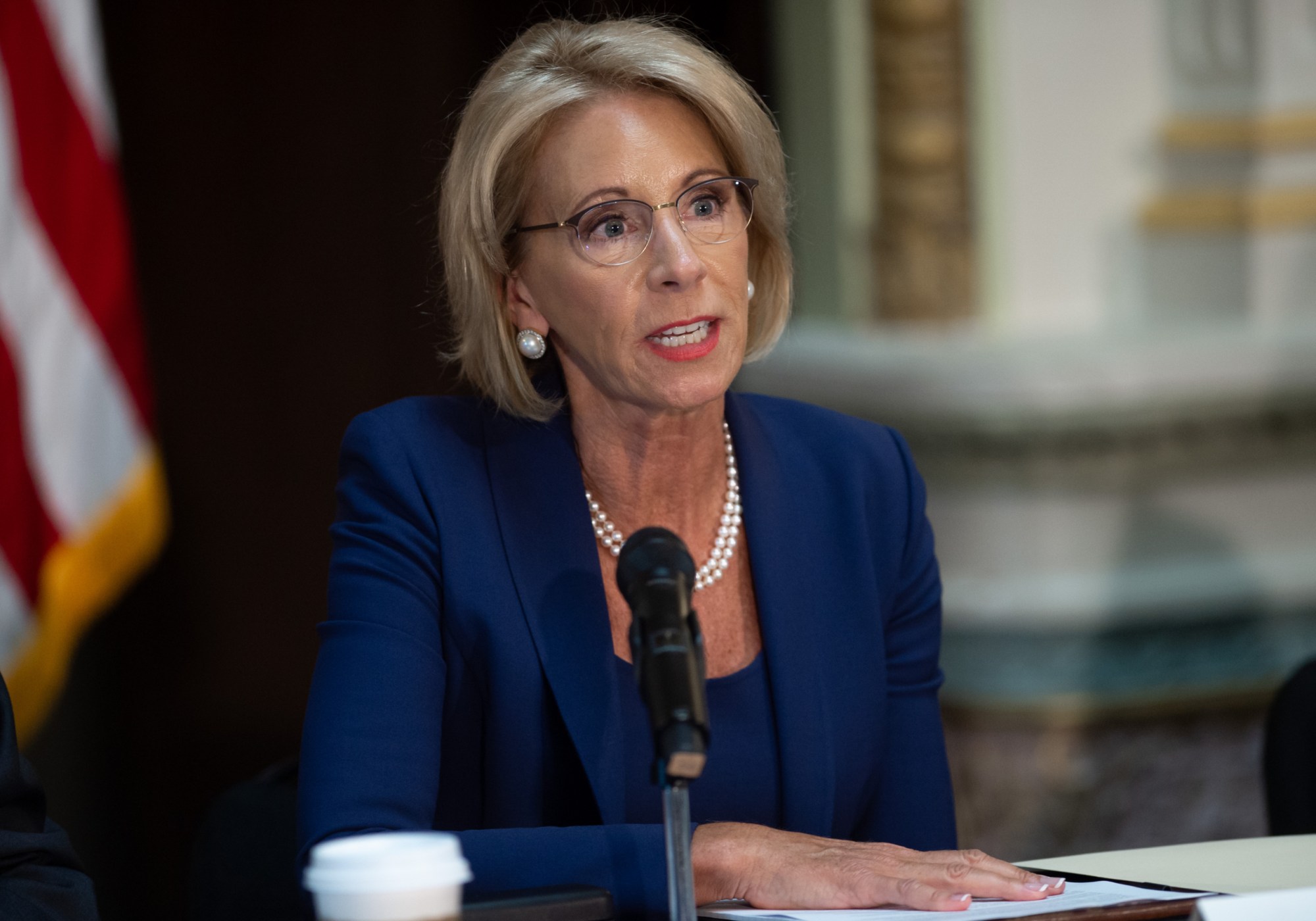 U.S. Secretary of Education Betsy DeVos speaks during the fifth meeting of the Federal Commission on School Safety on August 16, 2018. (Getty/Saul Loeb)