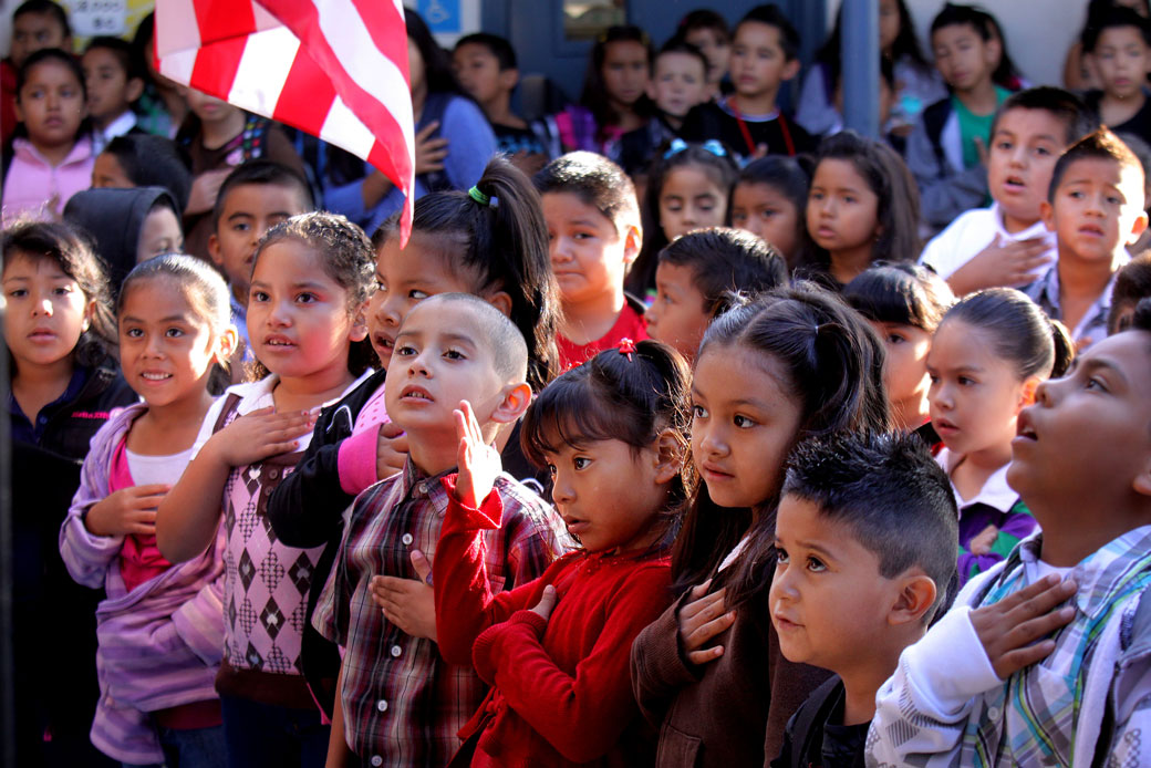 Children at an elementary school in California recite the Pledge of Allegiance, September 2010. (Getty/Sandy Huffaker)
