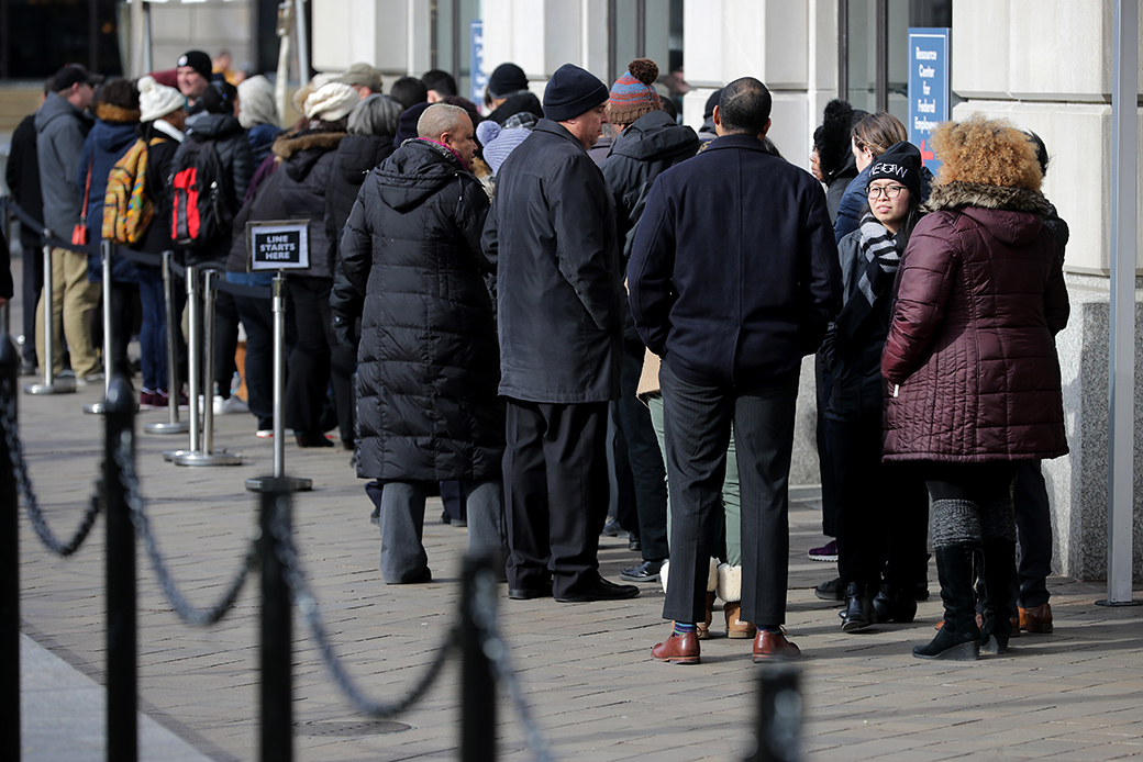 Even after the end of the government shutdown, federal employees continue to line up outside the World Central Kitchen for free food and coffee, January 28, 2019, in Washington, D.C. (Getty/Chip Somodevilla)