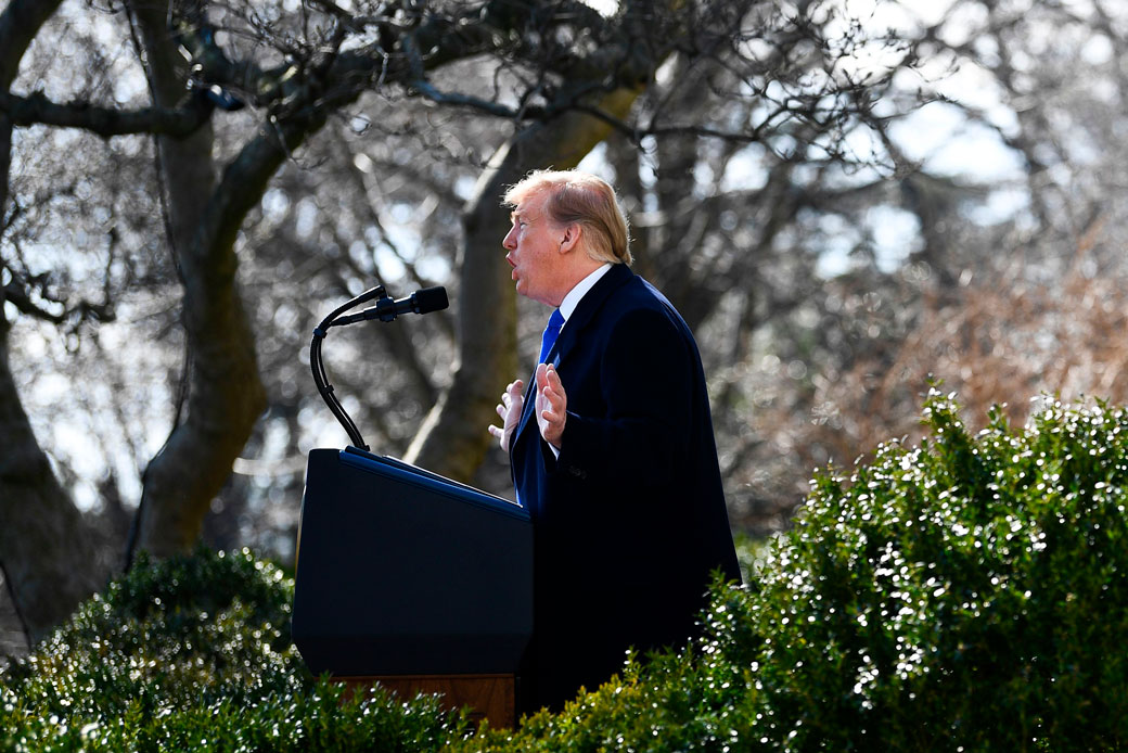 President Donald Trump delivers remarks in the Rose Garden at the White House in Washington, D.C., February 15, 2019. (Getty/Brendan Smialowski/AFP)