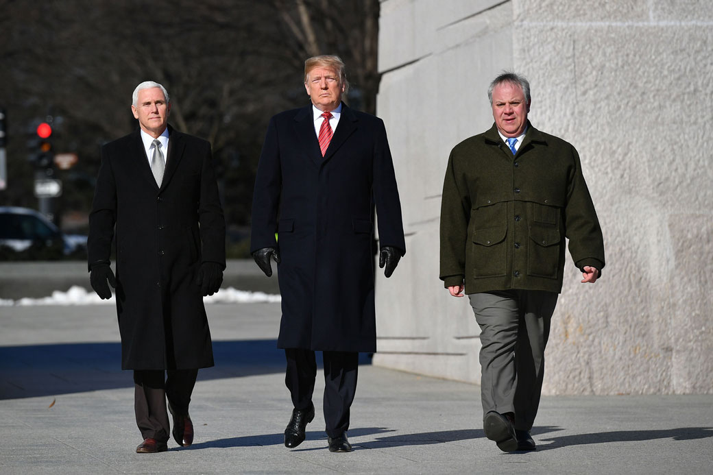 President Donald Trump, Vice President Mike Pence, and Acting Interior Secretary David Bernhardt visit the Martin Luther King Jr. Memorial in Washington, D.C., January 2019. (Getty/Mandel Ngan)