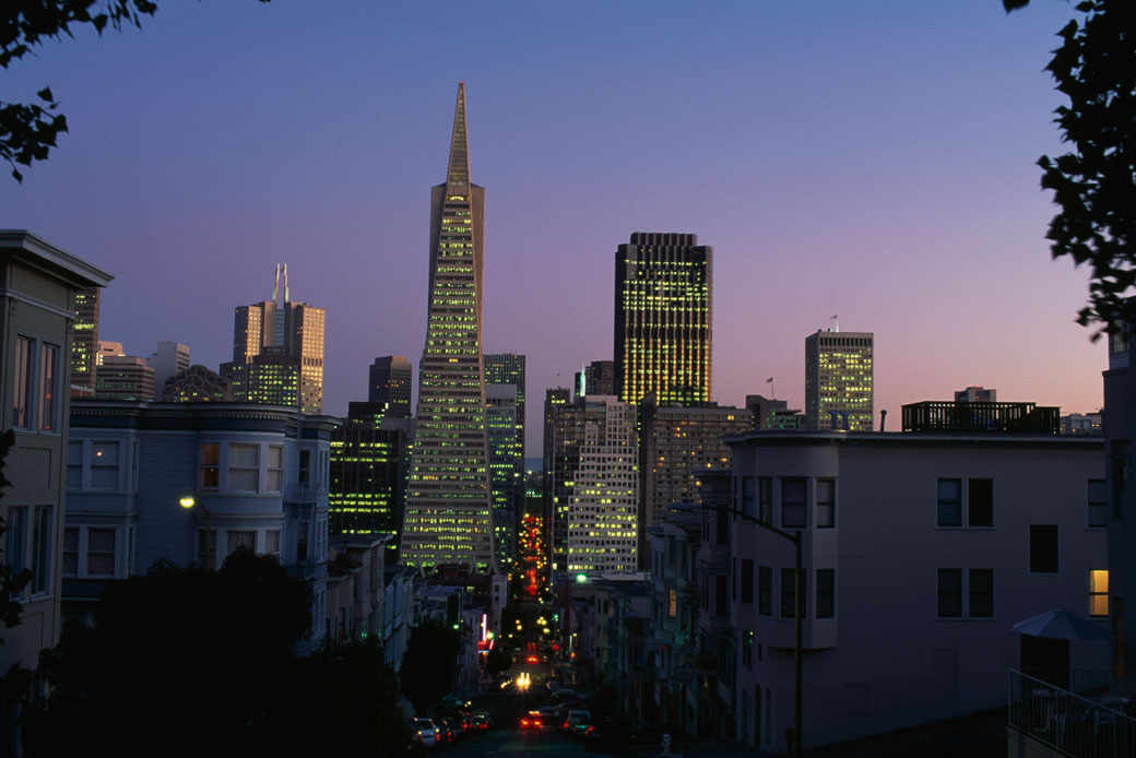 The night skyline of San Francisco's financial district is pictured from Montgomery Street, January 2016. (Getty/DeAgostini)