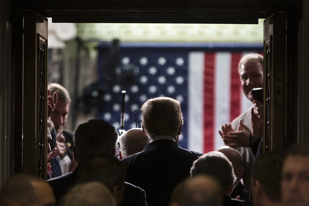 President Donald Trump arrives before delivering the State of the Union address in the chamber of the U.S. House of Representatives at the U.S. Capitol Building on February 5, 2019, in Washington. (Getty/Zach Gibson)