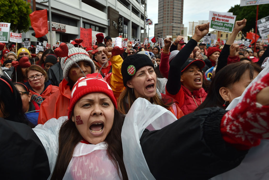 Striking teachers and their supporters rally in downtown Los Angeles on the second day of this year's teachers strike, January 2019. (Getty/Robyn Beck)