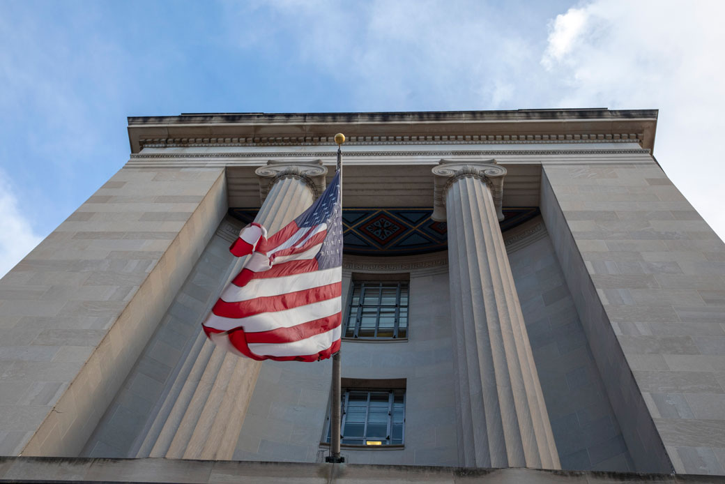 The U.S. Justice Department building is seen in Washington on March 22, 2019—the day special counsel Mueller delivered his report to U.S. Attorney General Barr. (Getty/Tasos Katopodis)