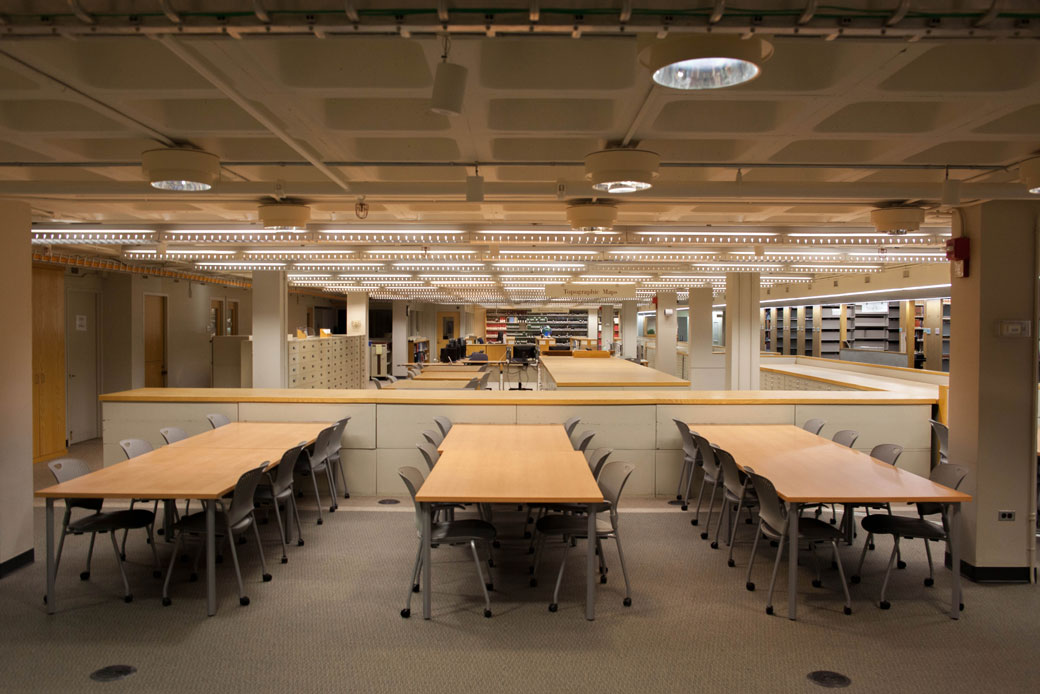 An empty study space is seen in a university in Maryland, January 2015.