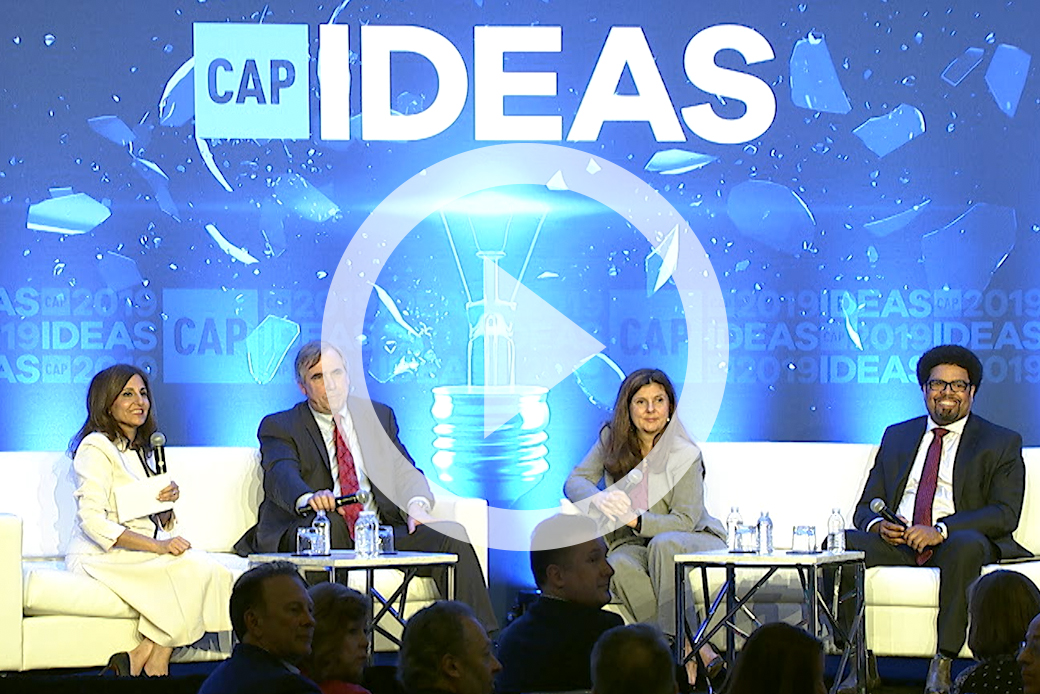  (CAP President and CEO Neera Tanden sits with Sen. Jeff Merkley (D-OR), Darrick Hamilton, and Betsey Stevenson at the 2019 CAP Ideas Conference.)