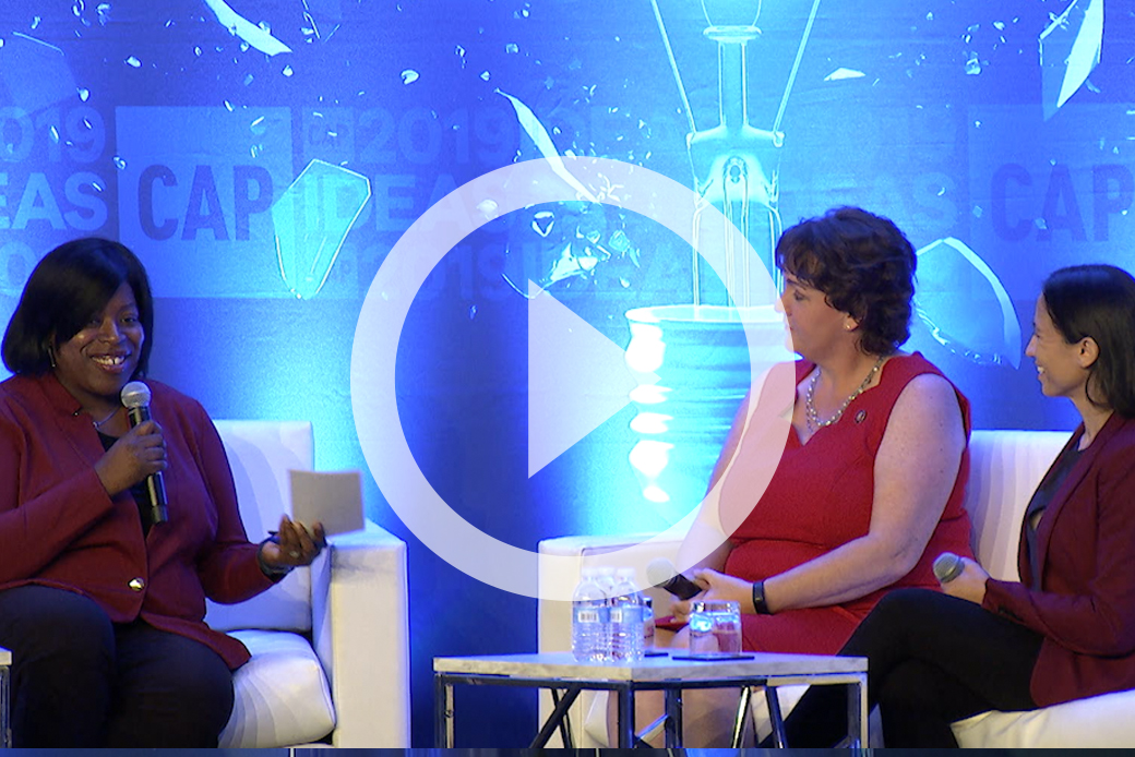 (Reps. Sharice Davids (D-KS) and Katie Porter (D-CA) speak with Daniella Gibbs Léger, executive vice president for Communications and Strategy at CAP, at the 2019 CAP Ideas Conference.)