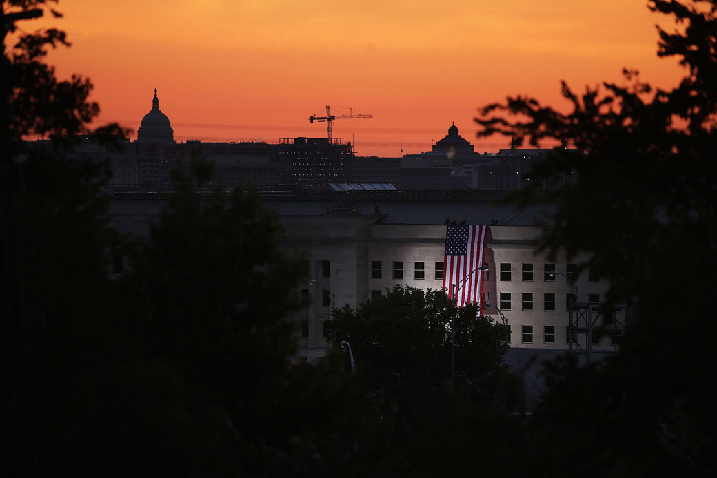 An American flag is unfurled on the side of the Pentagon in Arlington, Virginia, September 2017. (Getty/Alex Wong)
