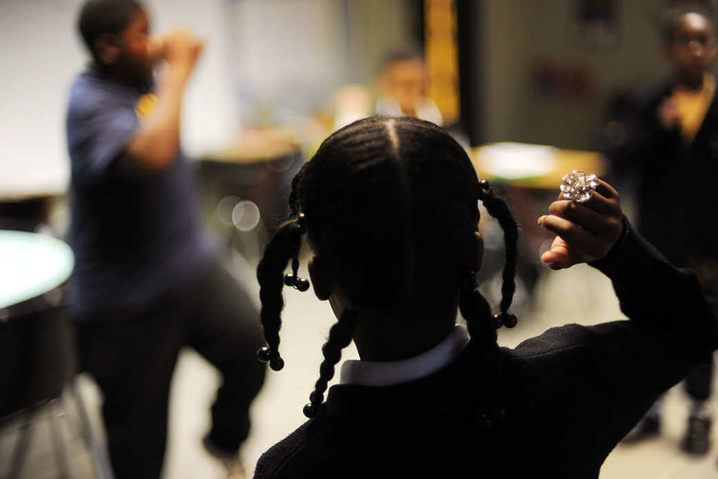 Fifth and sixth grade students warm up for class at an elementary school in Washington, D.C., October 2012. (Getty/The Washington Post/Astrid Riecken)